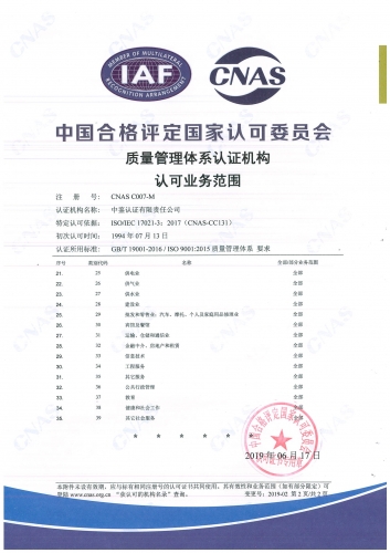 中國合格評定國家認(rèn)可委員會(CNAS)認(rèn)可證書附件（質(zhì)量管理體系-2）