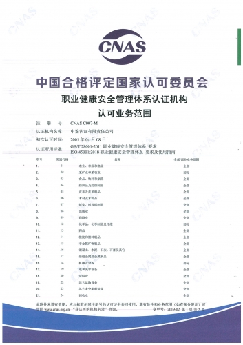 中國合格評定國家認(rèn)可委員會(CNAS)認(rèn)可證書附件（職業(yè)健康安全管理體系-1）